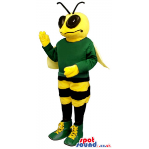 Bee Plush Mascot Wearing A Green Sweater And Shoes - Custom