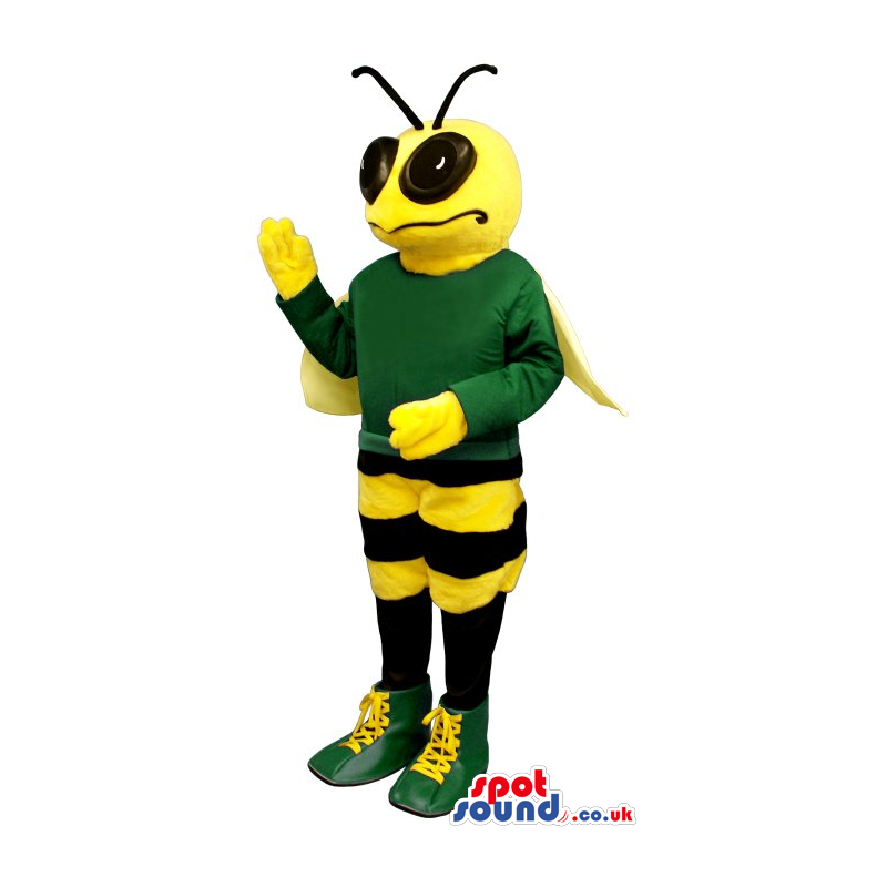 Bee Plush Mascot Wearing A Green Sweater And Shoes - Custom
