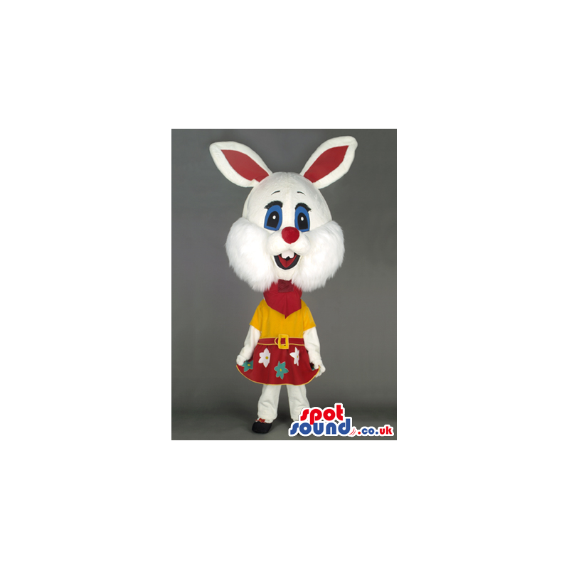 Big Headed White Bunny Rabbit Plush Mascot With Flowery Skirt -