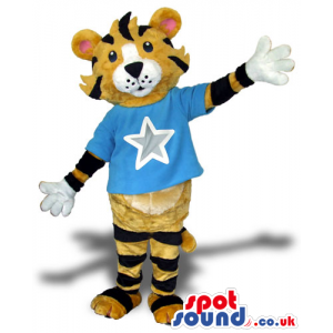 Tiger Animal Plush Mascot Wearing A Blue T-Shirt With A -