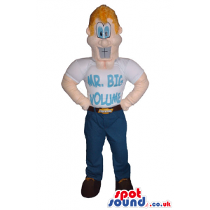 Hilarious Blond Boy Mascot With A White T-Shirt With Text And