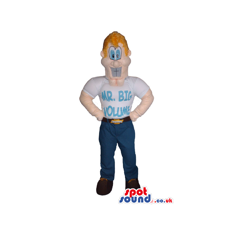 Hilarious Blond Boy Mascot With A White T-Shirt With Text And