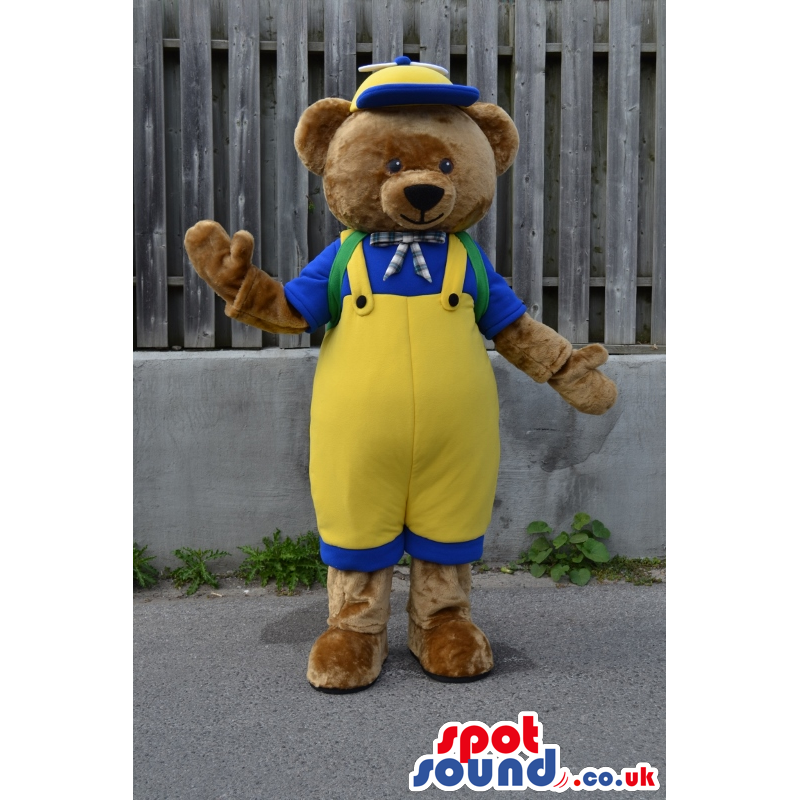 Brown Bear Plush Mascot Wearing Yellow Overalls And A Cap -