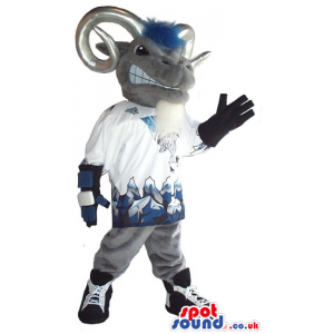 Angry Goat Plush Mascot With Silver Horns Wearing Sports