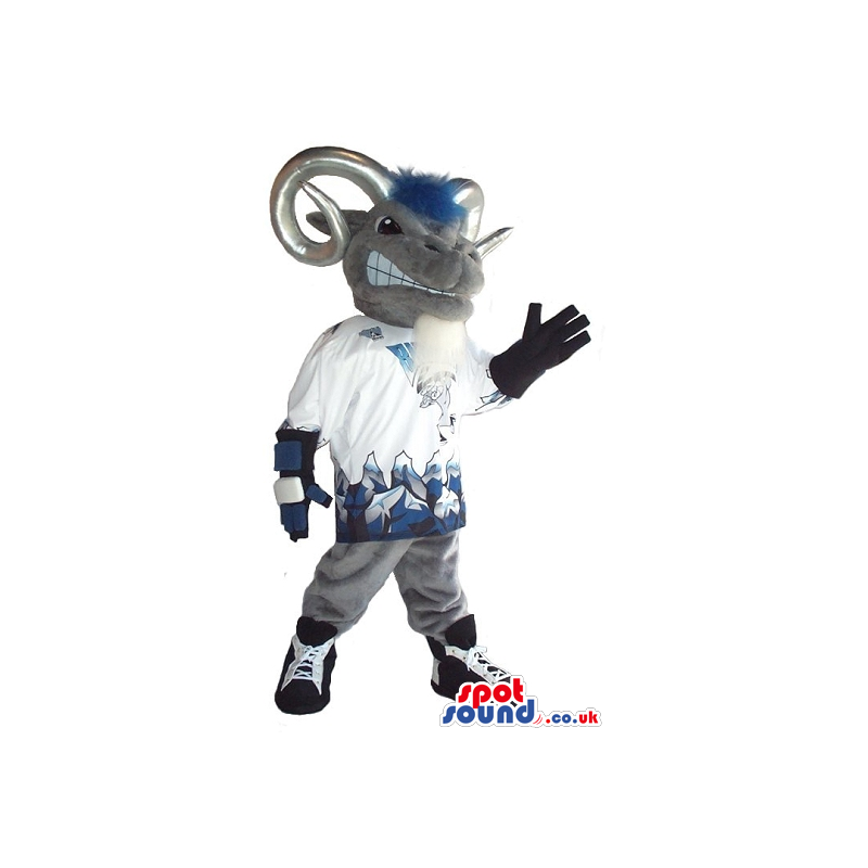 Angry Goat Plush Mascot With Silver Horns Wearing Sports