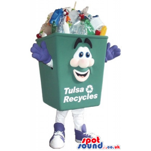 Green Bottle Recycling Box Mascot With Happy Face And Text -