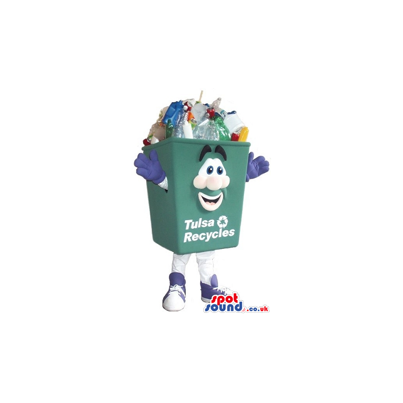 Green Bottle Recycling Box Mascot With Happy Face And Text -