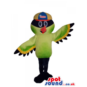 Amazing Colorful Bird Plush Mascot Wearing A Cap With Brand