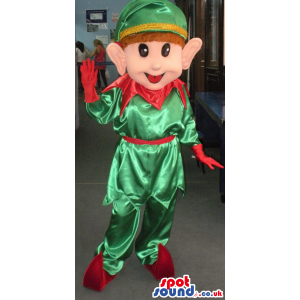 Elf mascot in green and red attire with red shoes and green cap