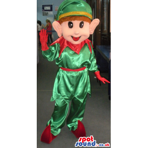 Elf mascot in green and red attire with red shoes and green cap