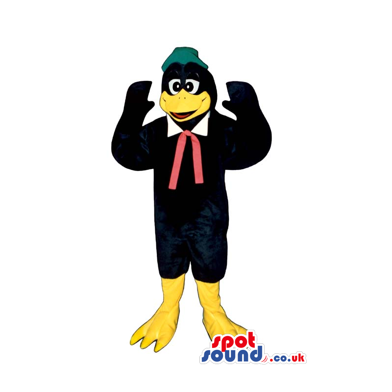 All Black Bird Plush Mascot Wearing A Red Ribbon And Green Hat