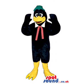 All Black Bird Plush Mascot Wearing A Red Ribbon And Green Hat