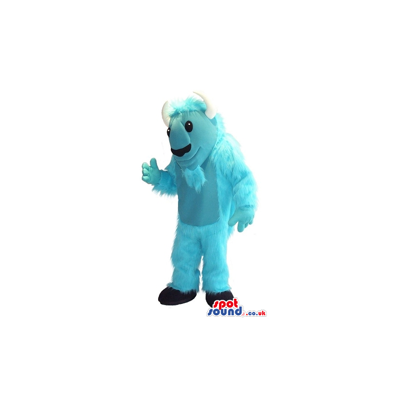 Light Blue Hairy Monster Plush Mascot With White Horns - Custom