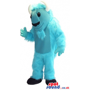 Light Blue Hairy Monster Plush Mascot With White Horns - Custom