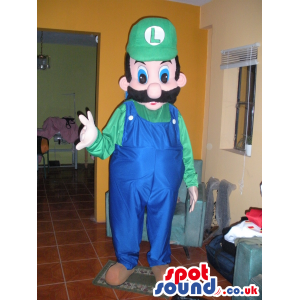 Big Luigi mascot in green and blue plumber suit and brown shoes