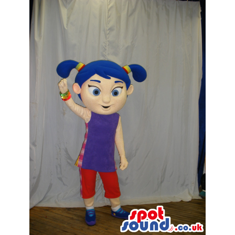 Blue Haired Girl Mascot Wearing Purple And Red Clothes - Custom