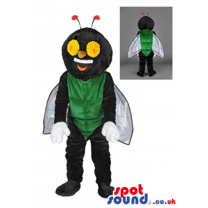 Smiling green and black bee mascot with white wings - Custom