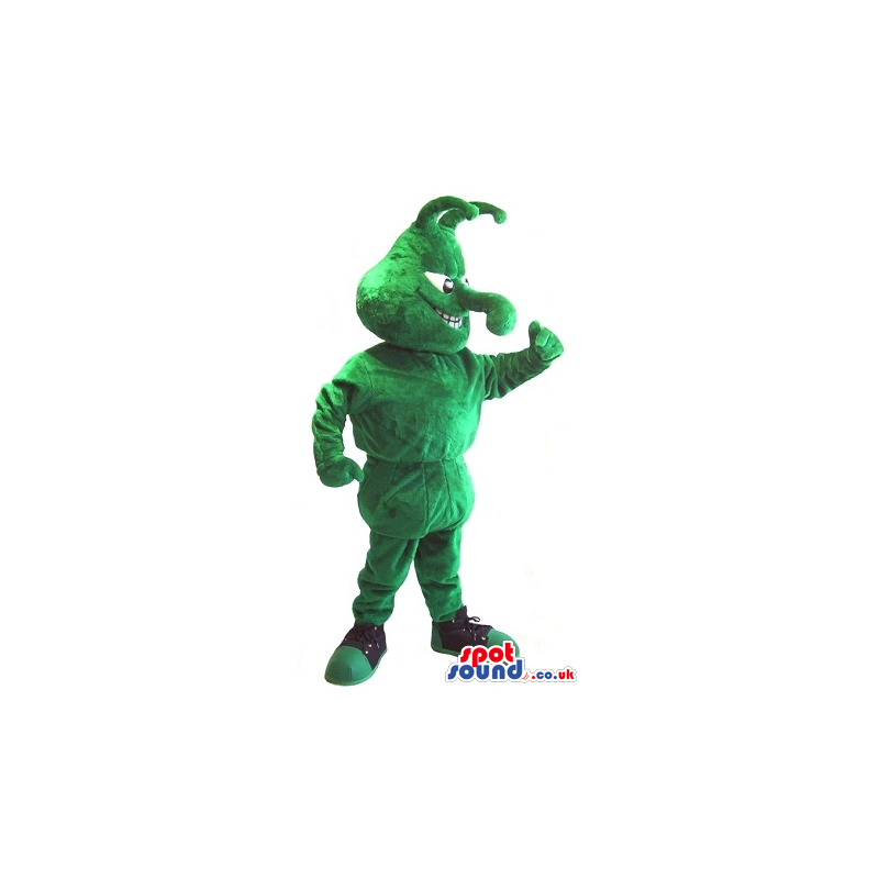 Cool All Green Bug Plush Mascot With Long Nose Wearing Sneakers