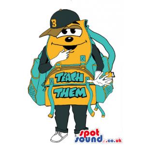 Drawing Of A School Bag Mascot With A Face And A Cap With Text