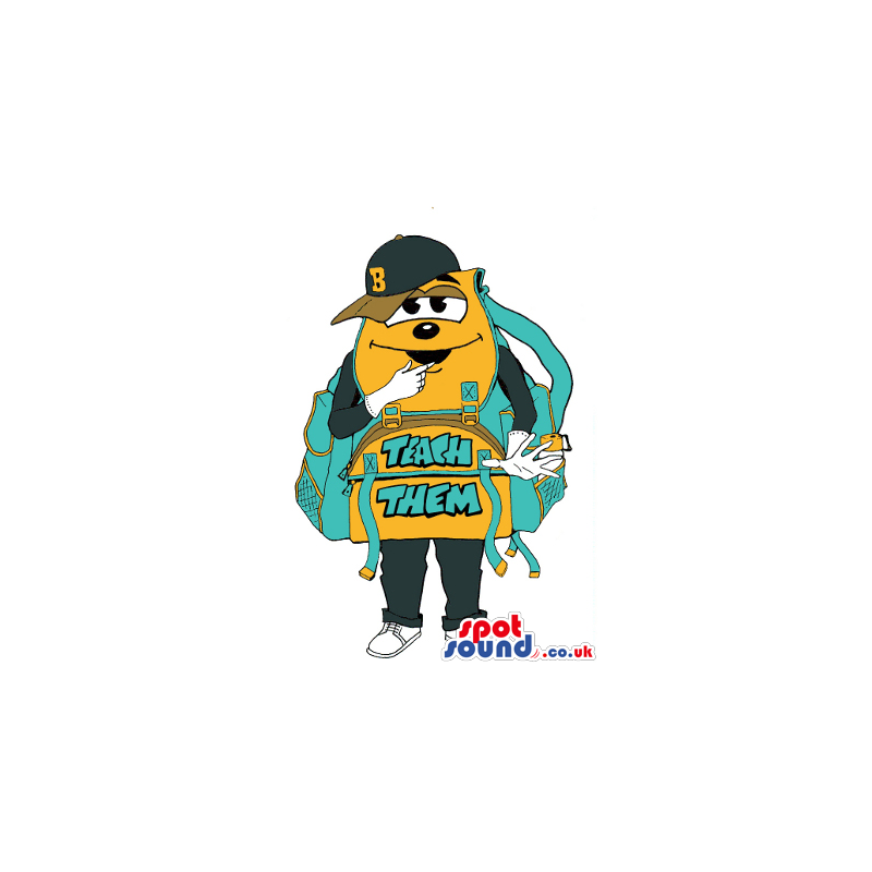 Drawing Of A School Bag Mascot With A Face And A Cap With Text