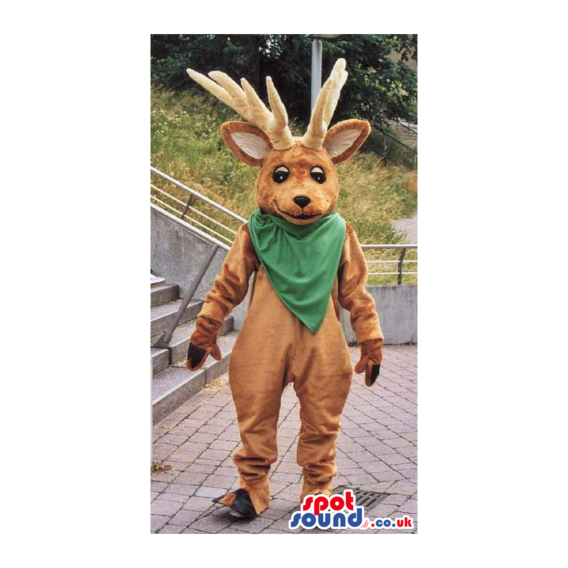 Brown Deer Animal Plush Mascot Wearing A Green Neck Scarf -