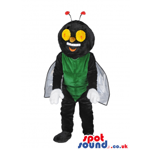 Smiling green and black bee mascot with white wings - Custom