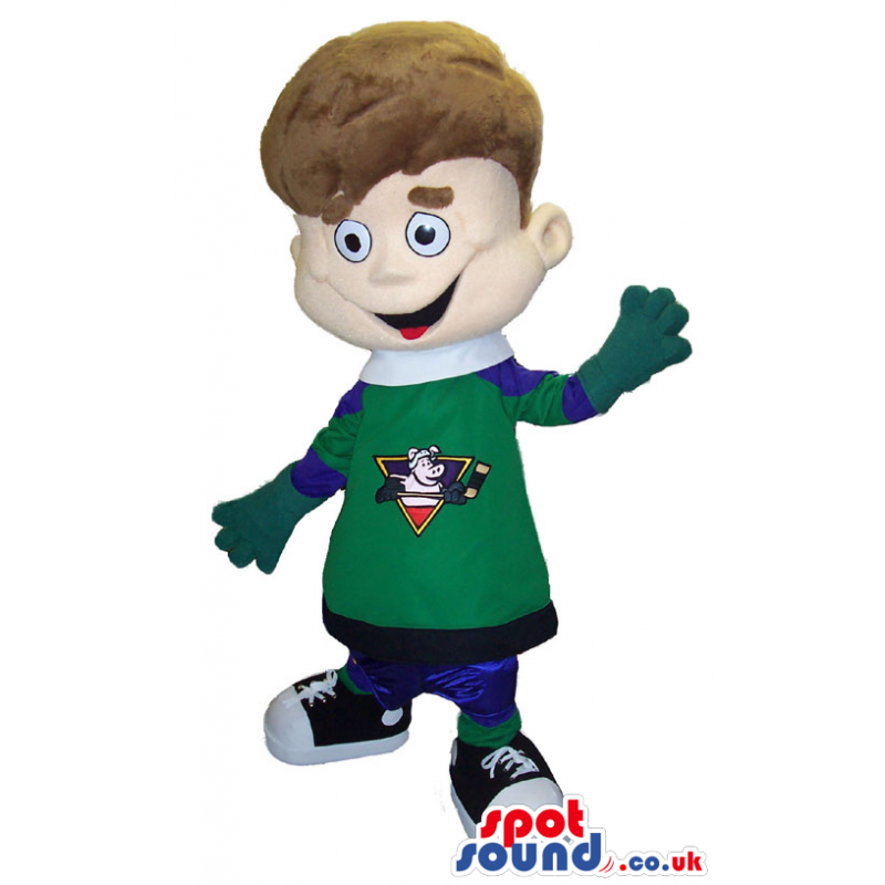 Boy Plush Mascot Wearing Hockey Sports Clothes With A Logo -