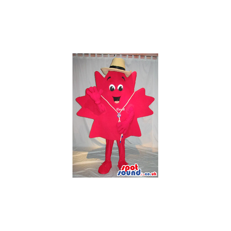 Cute Big Red Maple Leaf Plush Mascot With A Logo And Hat -