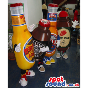 Group Of Four Beer Bottle Mascots With Brand Names And Logos -