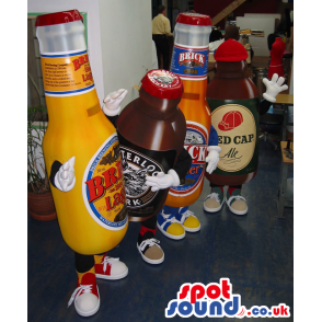 Group Of Four Beer Bottle Mascots With Brand Names And Logos -