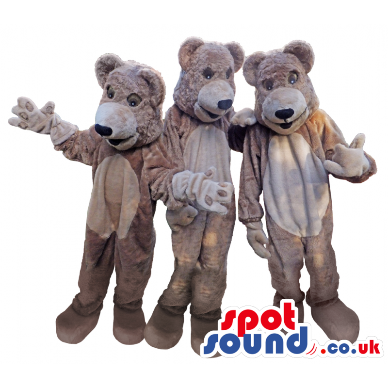 Three Beige Bear Character Plush Mascots With Big Heads -