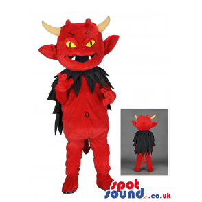 Red devil mascot with horns, black cape and pointy tail, -