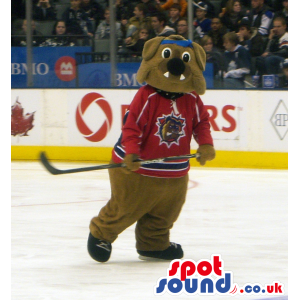 Cute Brown Bulldog Plush Mascot With Red Ice-Hockey Clothes -