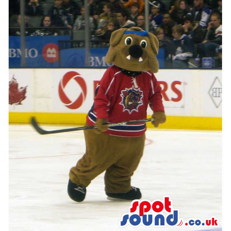 Cute Brown Bulldog Plush Mascot With Red Ice-Hockey Clothes -