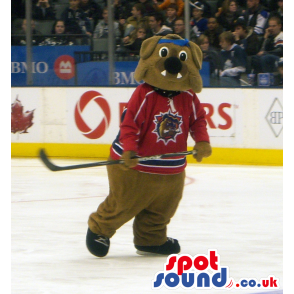 Cute Brown Bulldog Plush Mascot With Red Ice-Hockey Clothes -