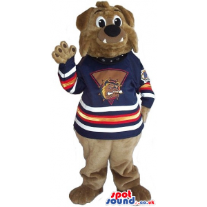 Cute Brown Bulldog Plush Mascot With Blue Ice-Hockey Clothes -