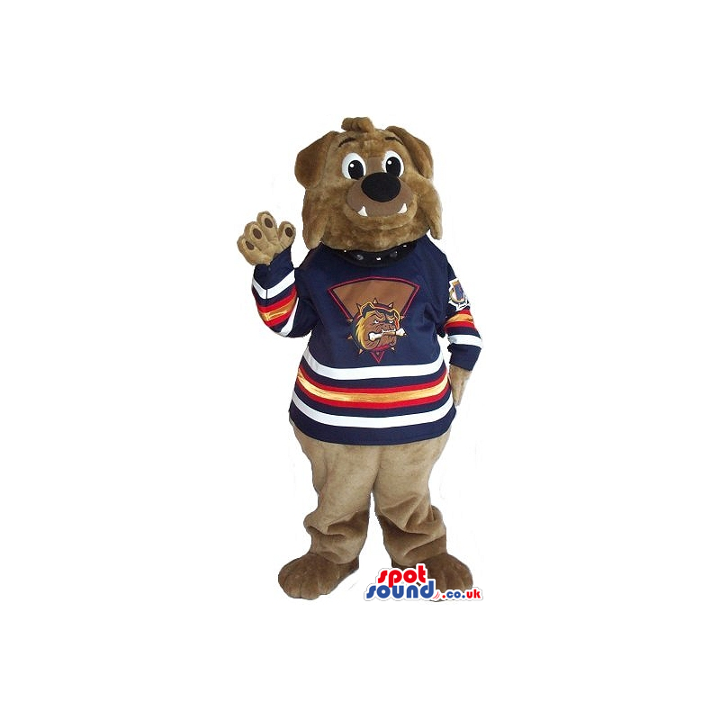 Cute Brown Bulldog Plush Mascot With Blue Ice-Hockey Clothes -
