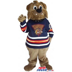 Cute Brown Bulldog Plush Mascot With Blue Ice-Hockey Clothes -