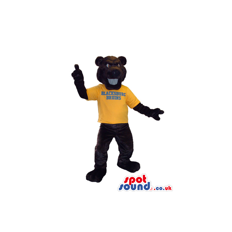 Dark Brown Bear Plush Mascot Wearing A Yellow T-Shirt With Text