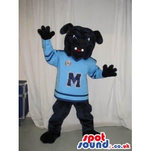 Black Bulldog Plush Mascot With Blue Ice-Hockey Clothes -
