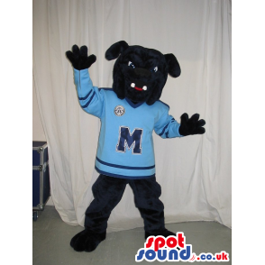 Black Bulldog Plush Mascot With Blue Ice-Hockey Clothes -