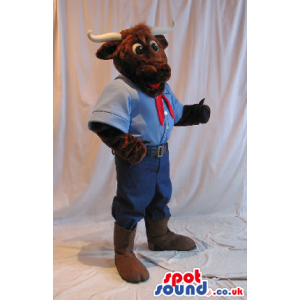 Brown Bull Animal Mascot Wearing Countryside Garments - Custom