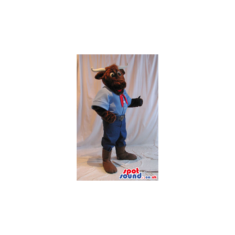 Brown Bull Animal Mascot Wearing Countryside Garments - Custom