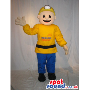 Boy Plush Mascot Wearing Yellow And Blue Clothes And A Headlamp