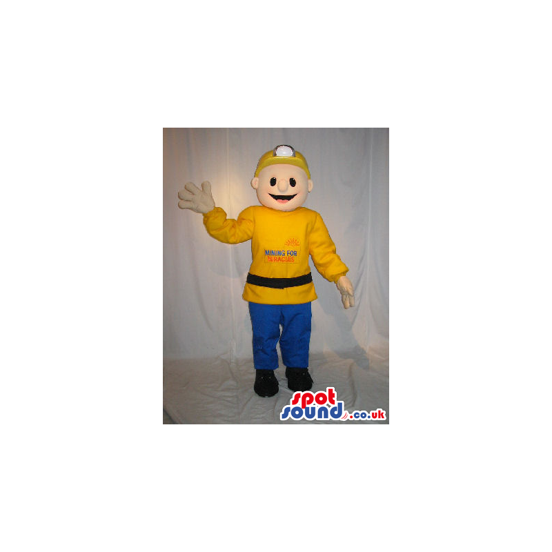 Boy Plush Mascot Wearing Yellow And Blue Clothes And A Headlamp