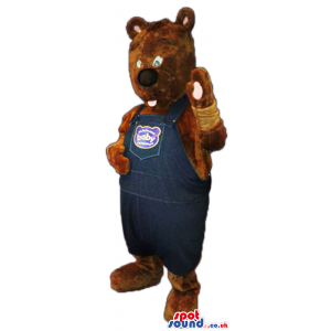 Dark Brown Teddy Bear Mascot Wearing Overalls With Tex - Custom