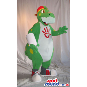 Customizable Green And White Dinosaur Plush Mascot With A Cap -