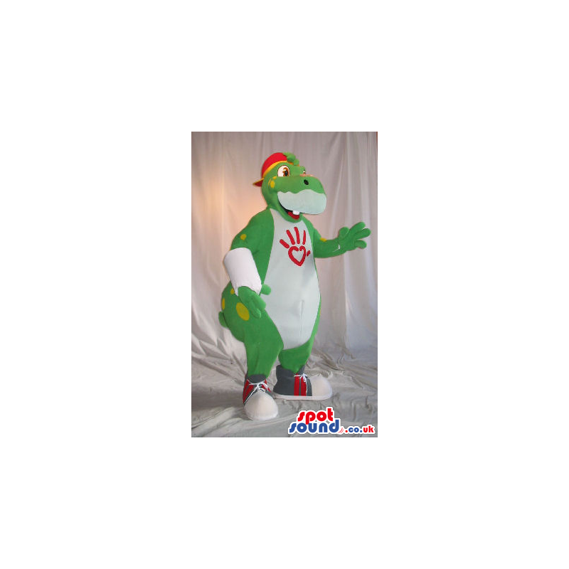 Customizable Green And White Dinosaur Plush Mascot With A Cap -