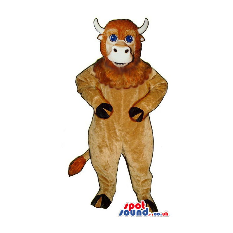 Brown Bull Animal Mascot With Hairy Face And Blue Eyes - Custom