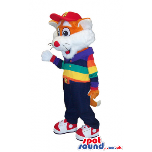 Orange And White Cat Mascot With A Colorful Shirt And A Cap -